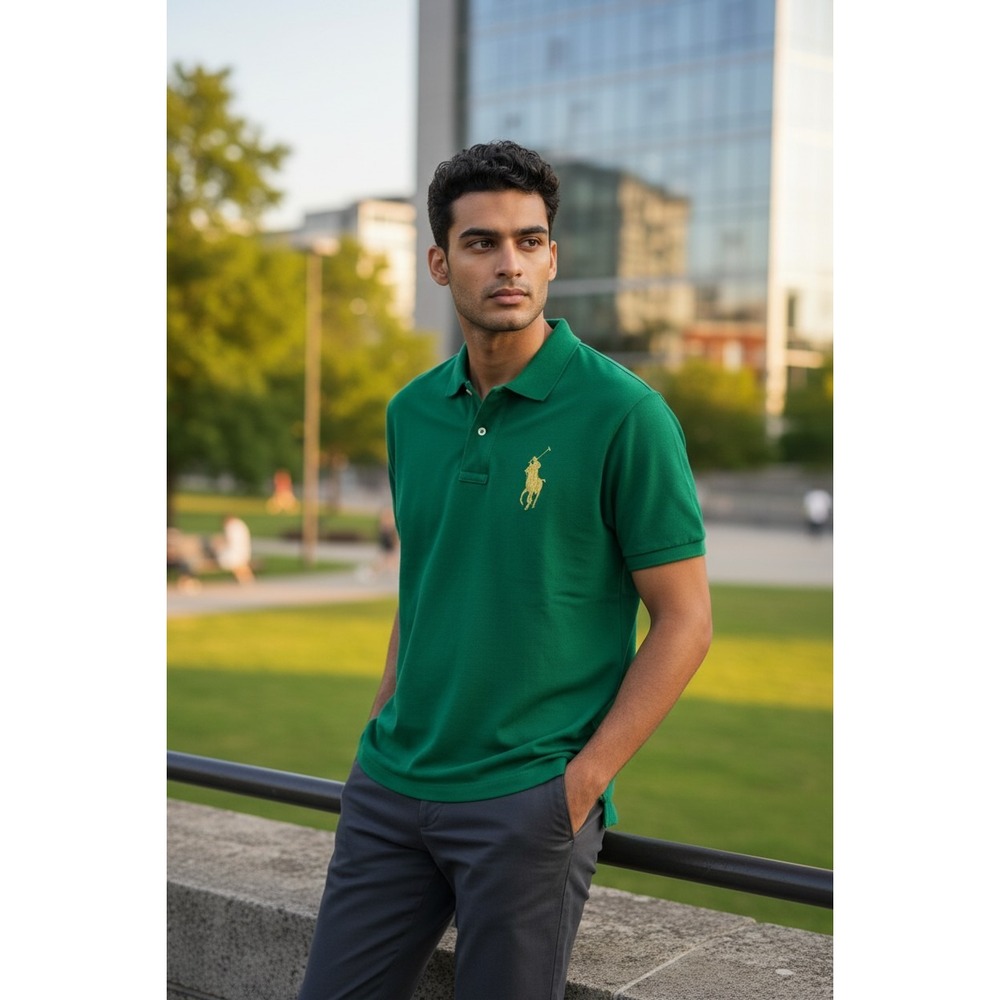 Ralph Lauren Skinny Polo Shirt Green Gold Big Pony Logo Mens XL Cotton Mesh